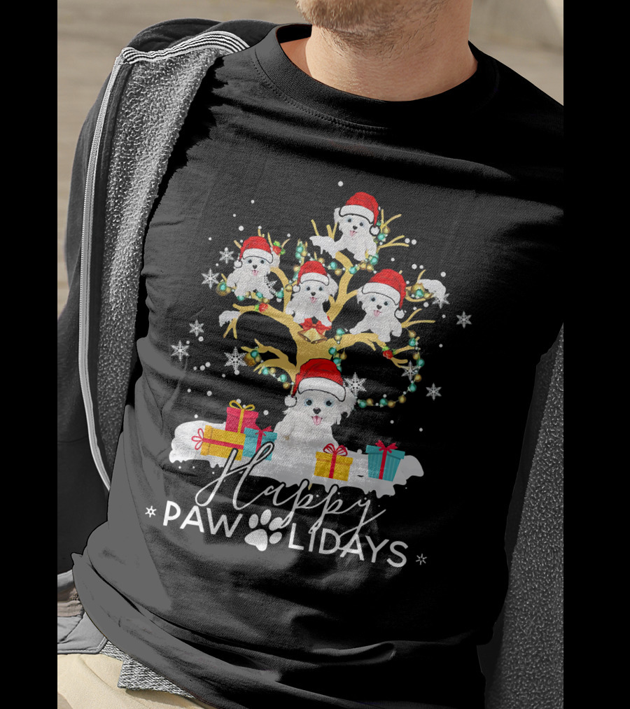 Shih Tzu Christmas Tree Santa Hat Lights Presents Happy Paw Holidays T-Shirt