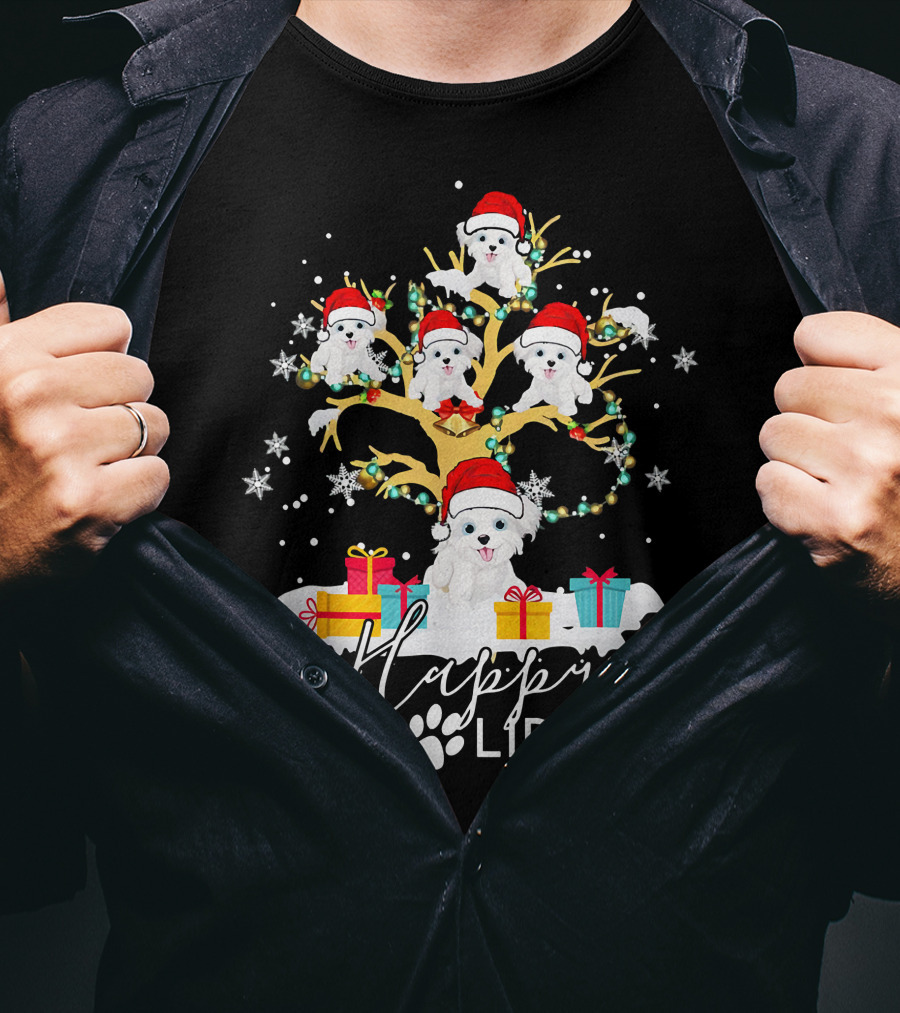 Shih Tzu Christmas Tree Santa Hat Lights Presents Happy Paw Holidays T-Shirt