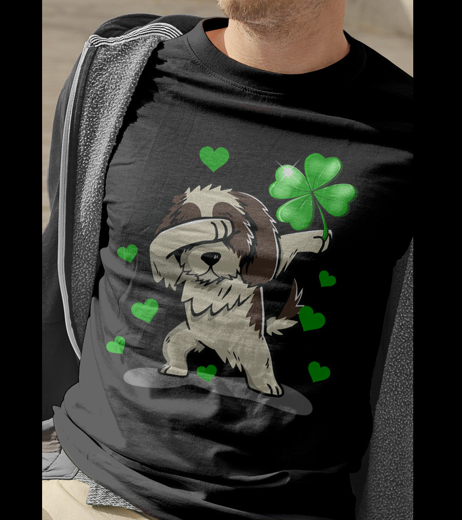 Shih Tzu Dabbing With Green Shamrock And Hearts T-Shirt