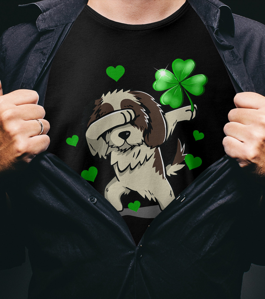 Shih Tzu Dabbing With Green Shamrock And Hearts T-Shirt