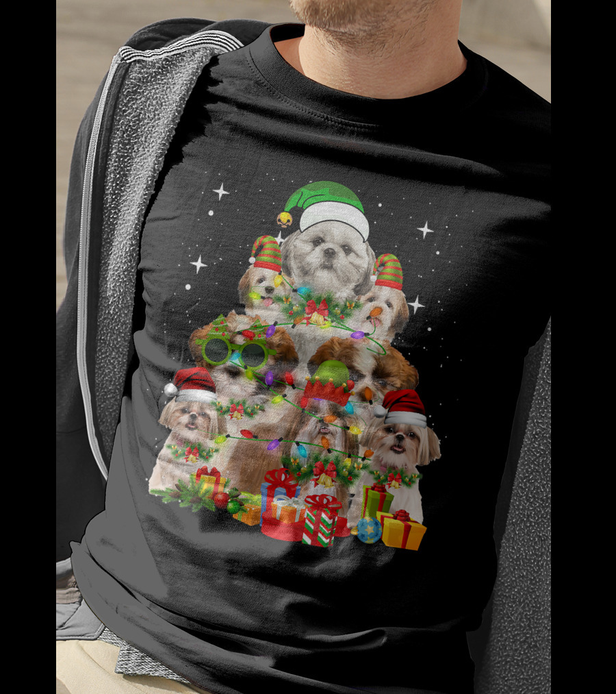 Shih Tzu Dog Christmas Tree With Presents And Santa Hats T-Shirt
