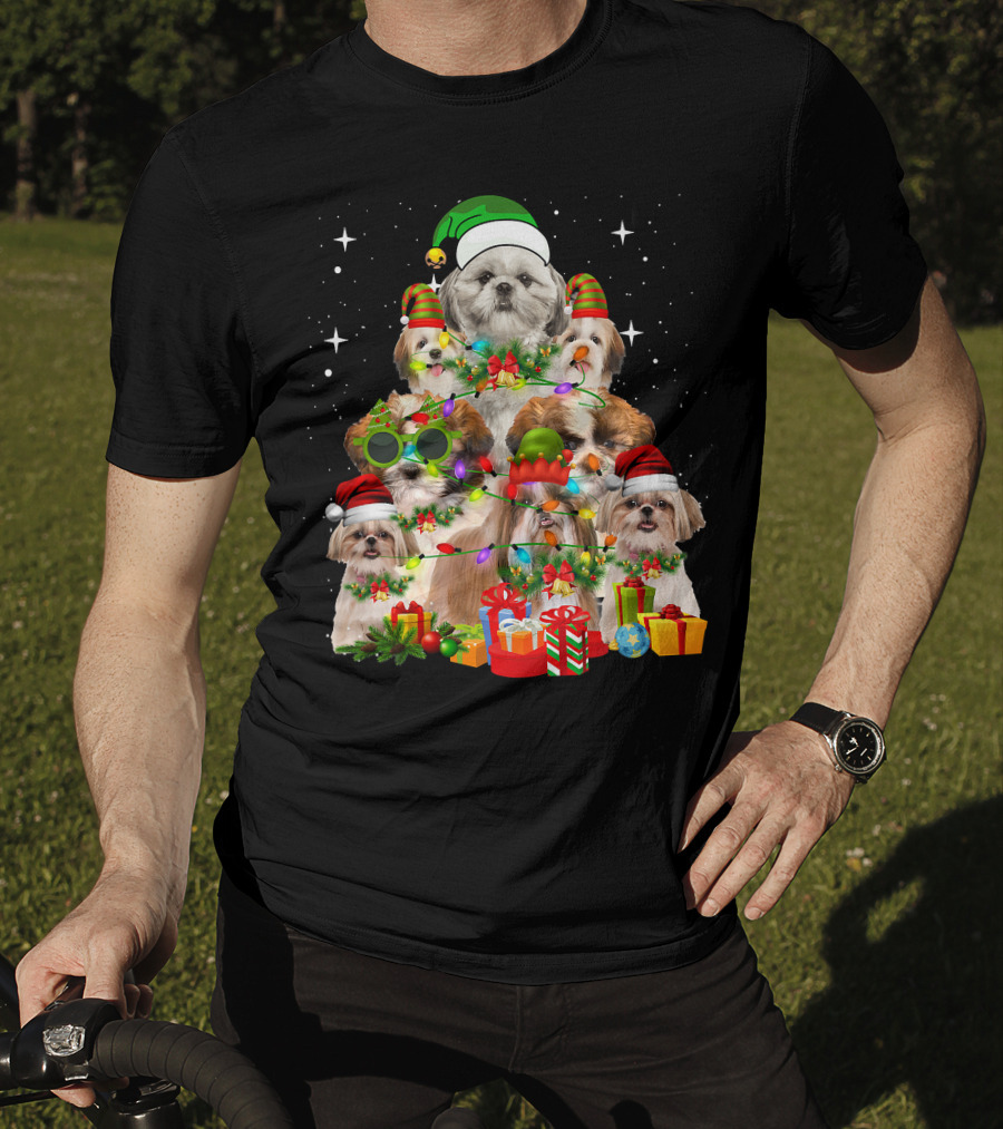Shih Tzu Dog Christmas Tree With Presents And Santa Hats T-Shirt