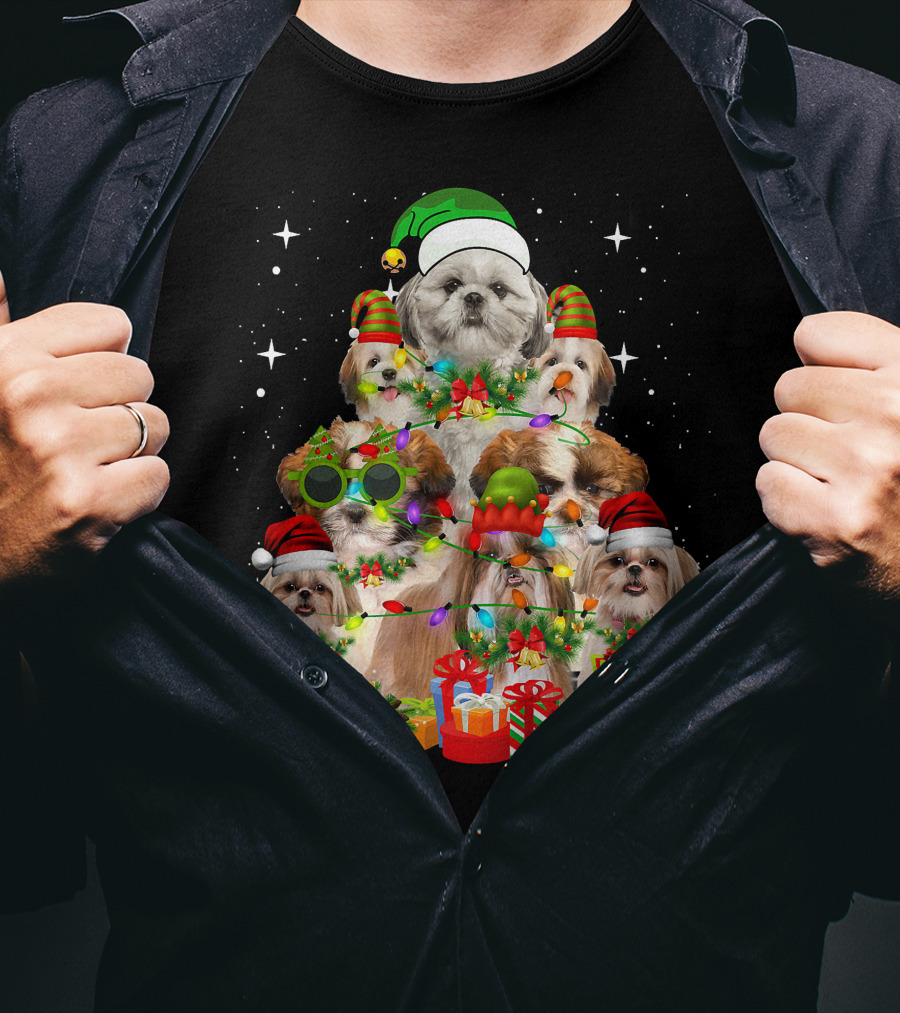 Shih Tzu Dog Christmas Tree With Presents And Santa Hats T-Shirt