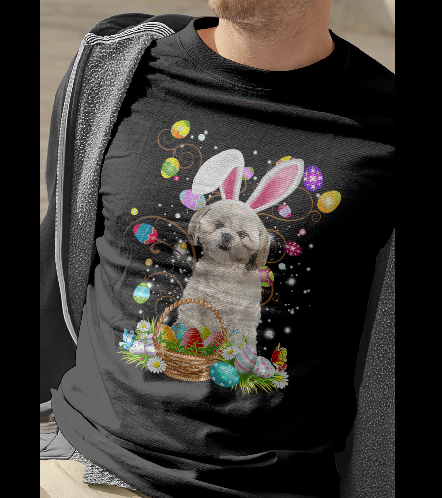 Shih Tzu Dog Bunny Ears With Colorful Easter Eggs Basket Fun Easter Day T-Shirt