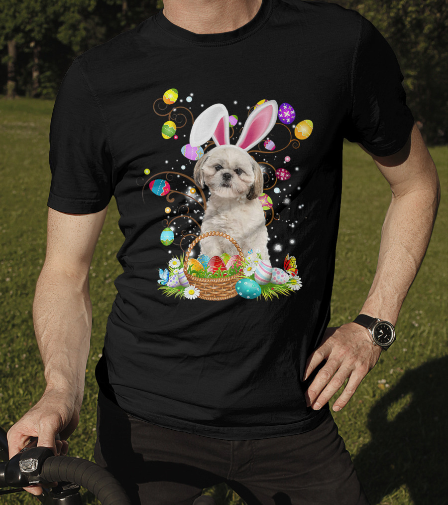 Shih Tzu Dog Bunny Ears With Colorful Easter Eggs Basket Fun Easter Day T-Shirt