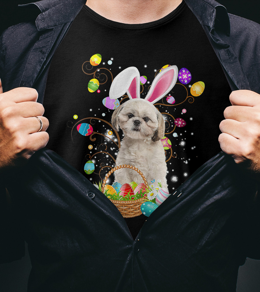 Shih Tzu Dog Bunny Ears With Colorful Easter Eggs Basket Fun Easter Day T-Shirt