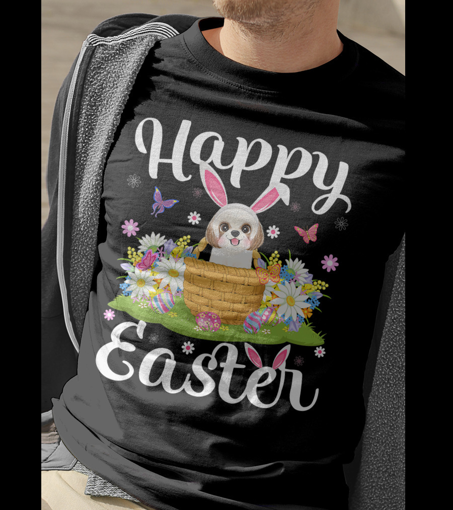 Shih Tzu Dog With Bunny Ears In Easter Egg Basket With Flowers And Butterflies T-Shirt