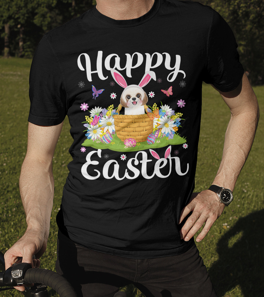 Shih Tzu Dog With Bunny Ears In Easter Egg Basket With Flowers And Butterflies T-Shirt
