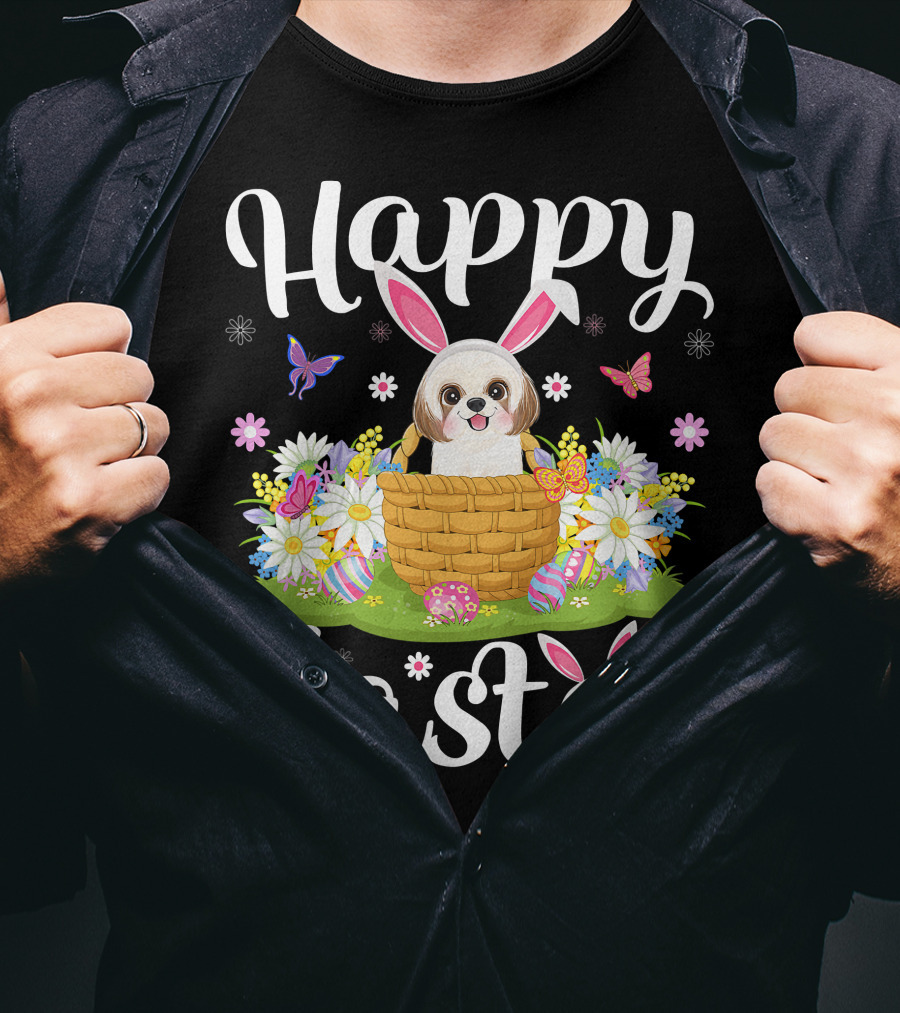 Shih Tzu Dog With Bunny Ears In Easter Egg Basket With Flowers And Butterflies T-Shirt