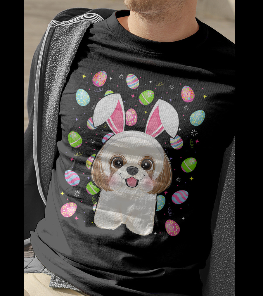Shih Tzu Dog With Easter Eggs And Bunny Ears Funny Easter Lover Image T-Shirt