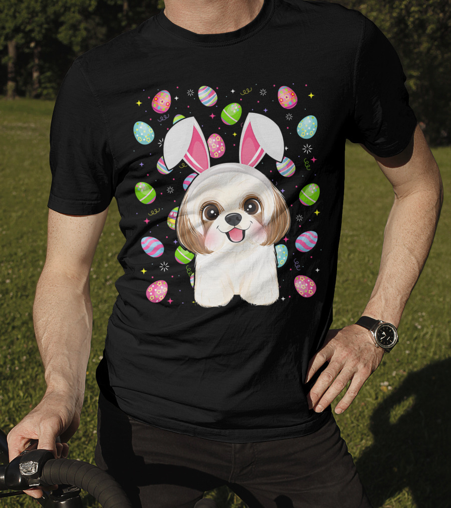 Shih Tzu Dog With Easter Eggs And Bunny Ears Funny Easter Lover Image T-Shirt