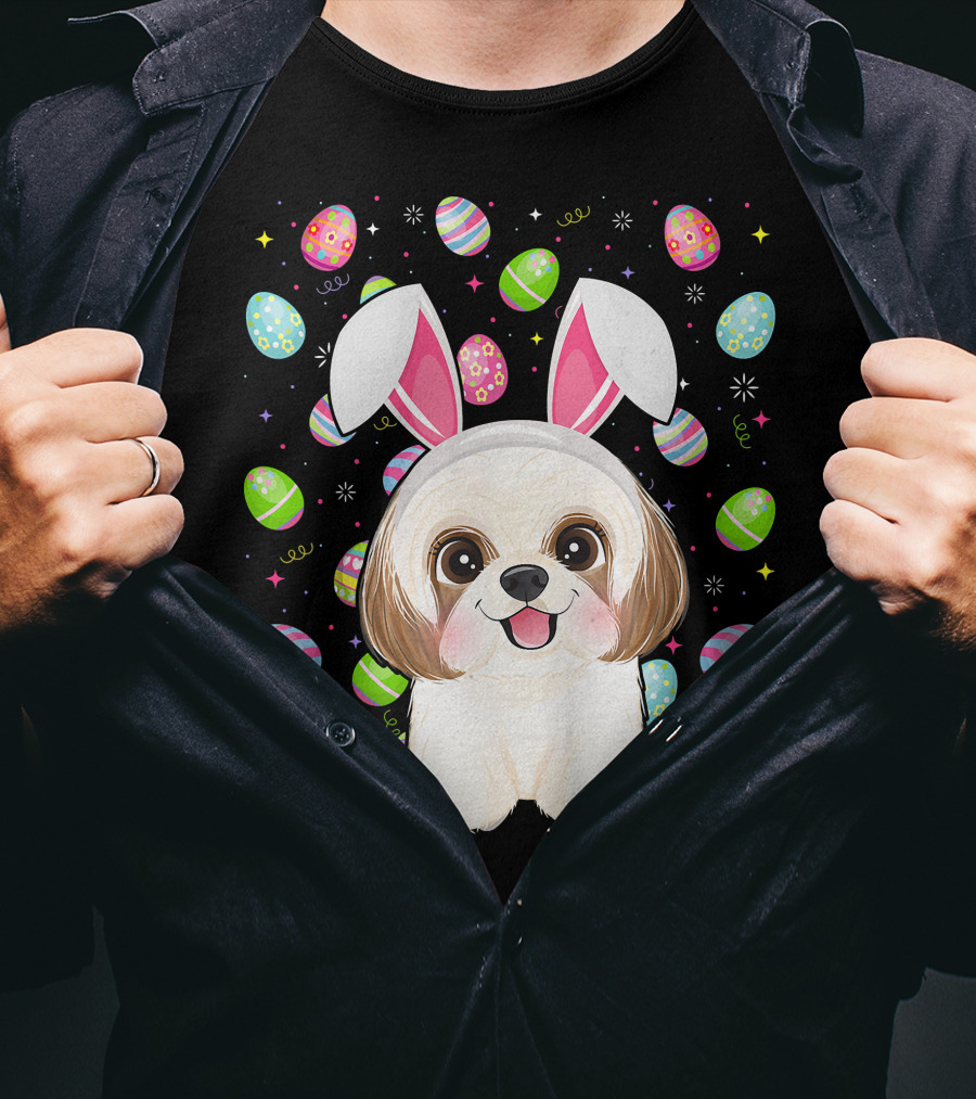 Shih Tzu Dog With Easter Eggs And Bunny Ears Funny Easter Lover Image T-Shirt