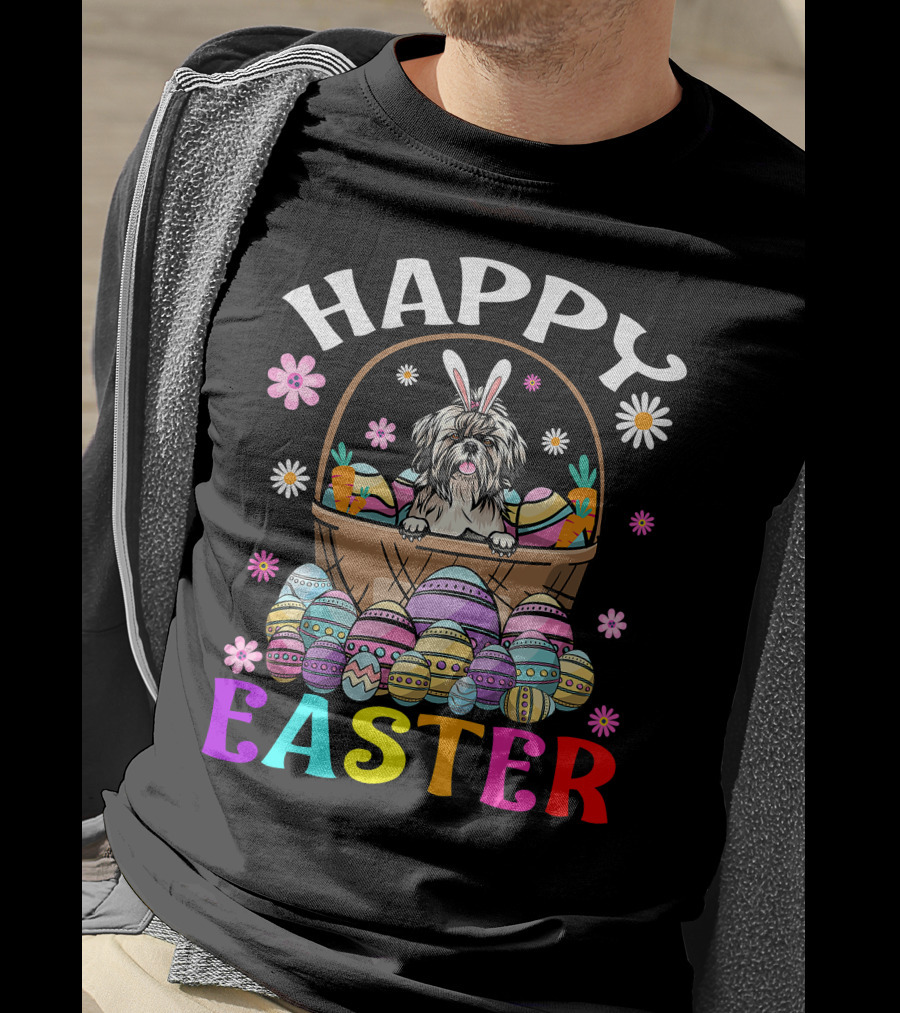 Shih Tzu Easter Bunny Dog With Colorful Eggs And Basket T-Shirt