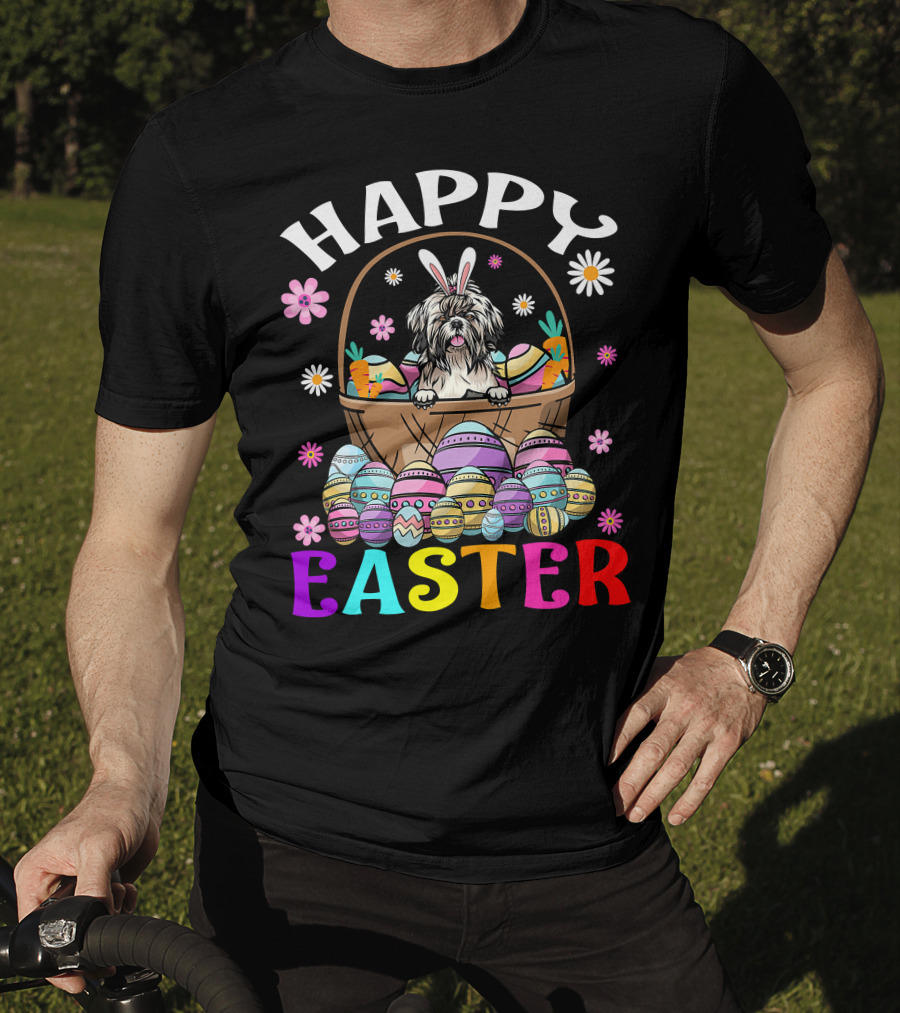 Shih Tzu Easter Bunny Dog With Colorful Eggs And Basket T-Shirt