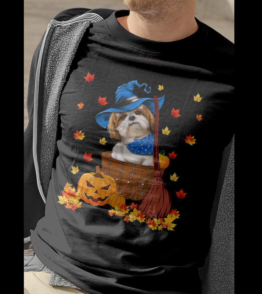 Shih Tzu Dog In Witch Hat Surrounded By Pumpkins And Leaves For Halloween T-Shirt
