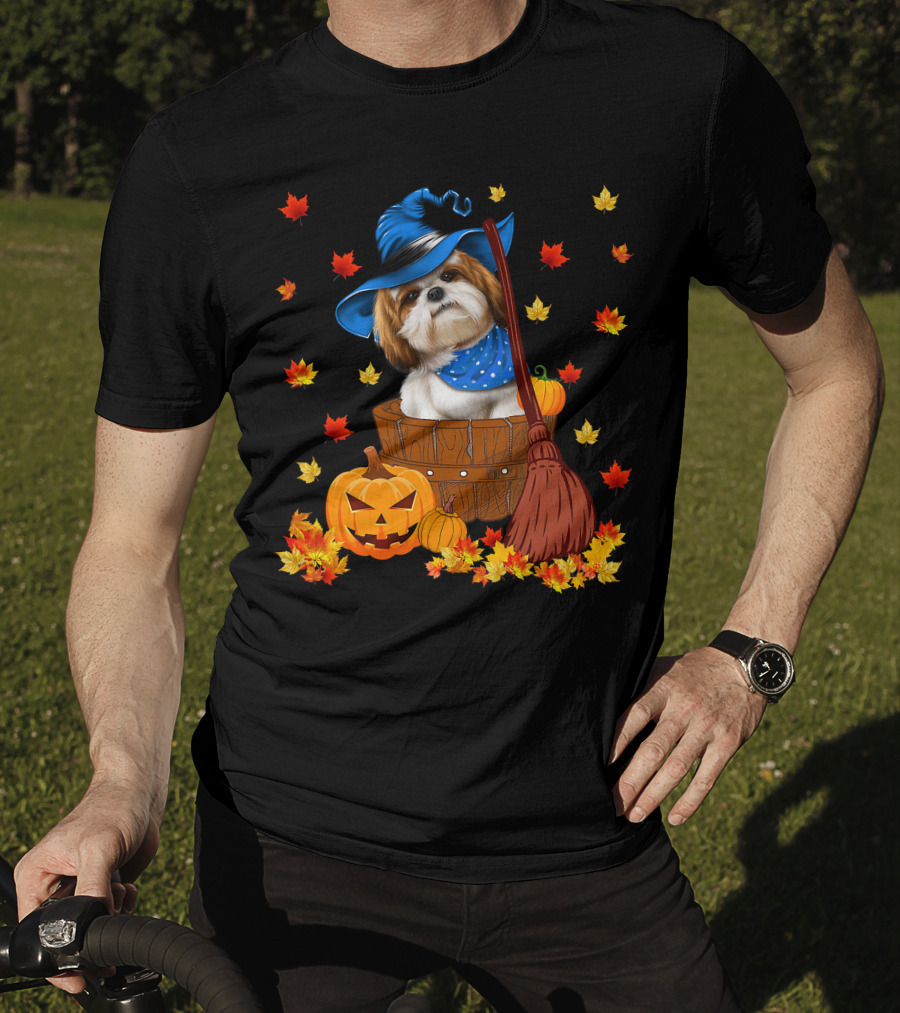Shih Tzu Dog In Witch Hat Surrounded By Pumpkins And Leaves For Halloween T-Shirt
