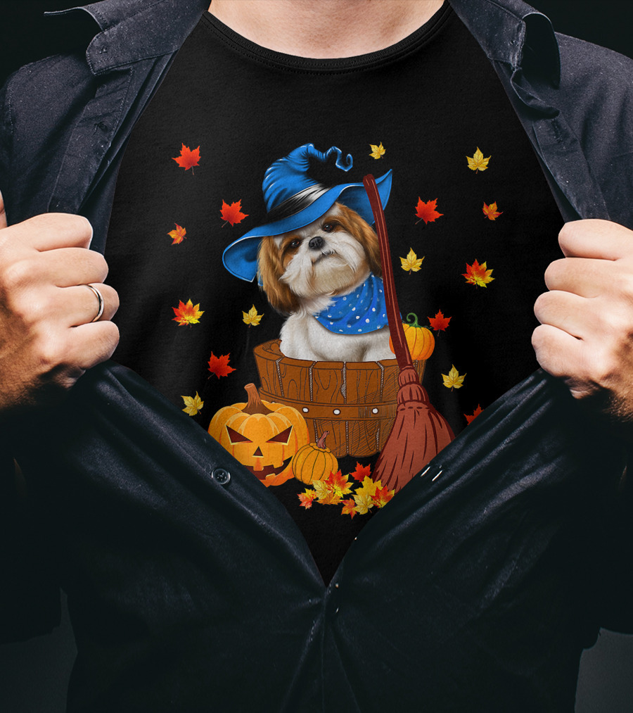 Shih Tzu Dog In Witch Hat Surrounded By Pumpkins And Leaves For Halloween T-Shirt