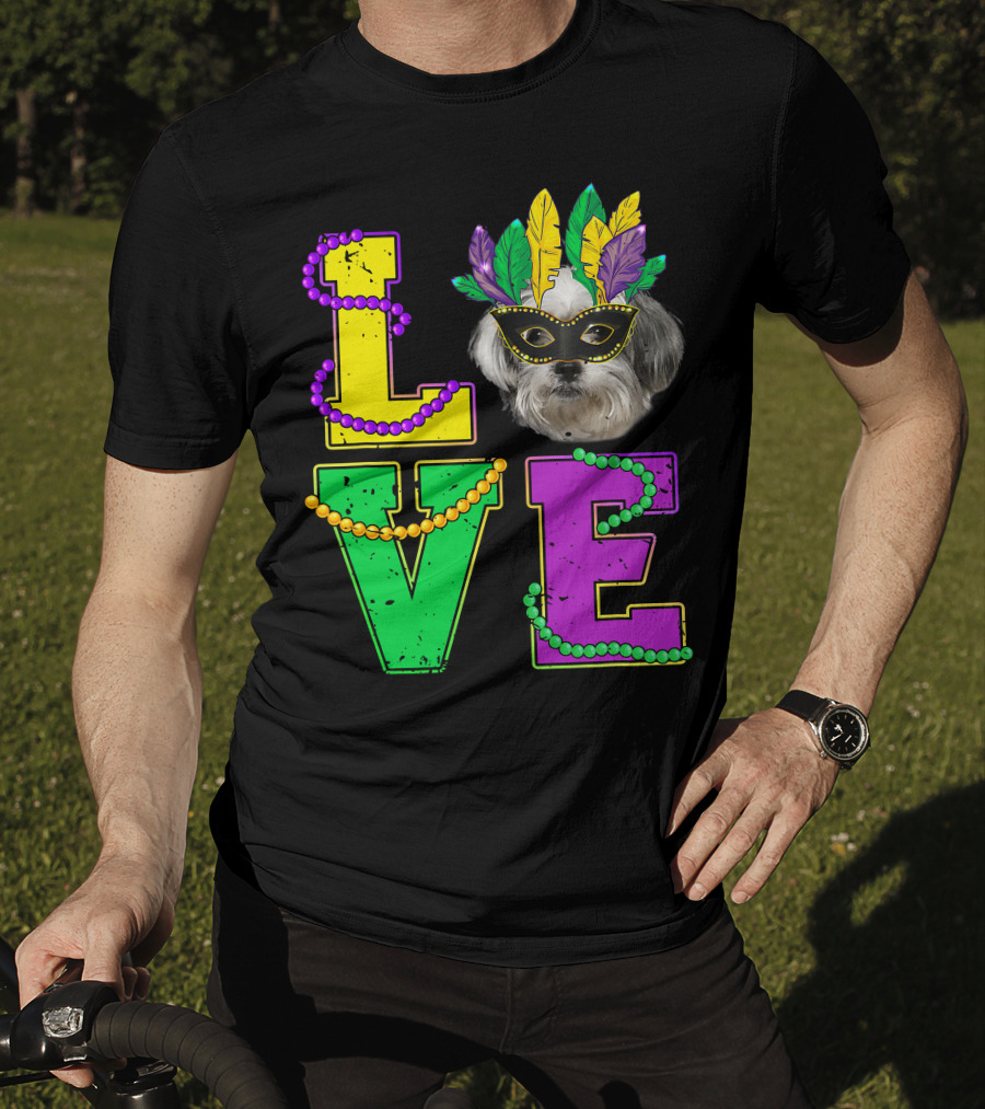 Shih Tzu Puppy Love Mardi Gras Beads Mask T-Shirt