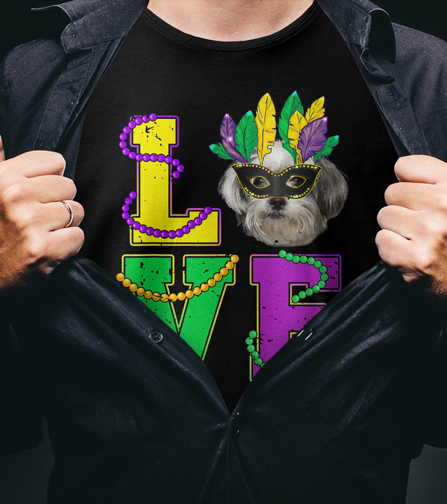 Shih Tzu Puppy Love Mardi Gras Beads Mask T-Shirt
