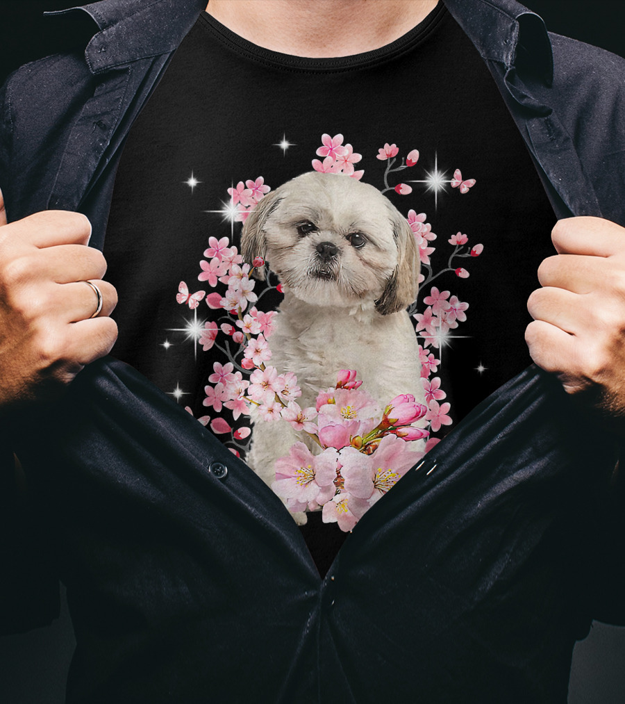 Shih Tzu Dog Sakura Japanese Cherry Blossom T-Shirt