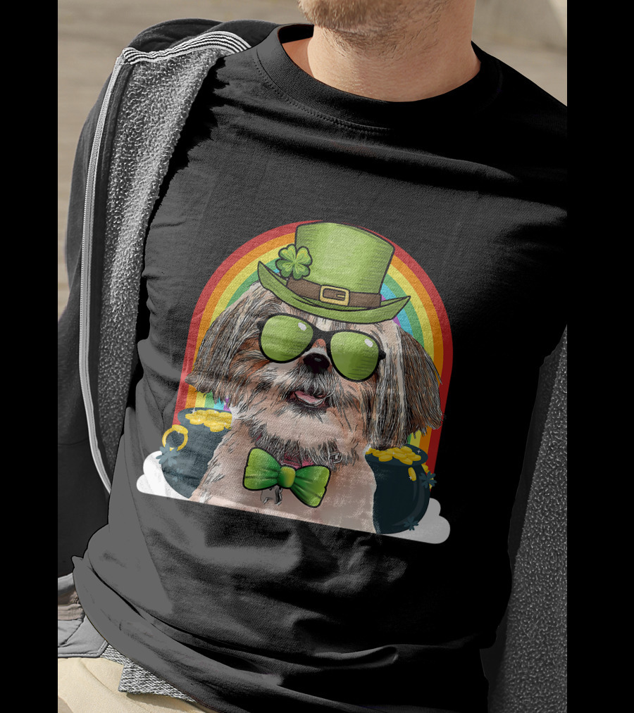 Shih Tzu Dog Leprechaun Rainbow Coins Bow Tie Sunglasses T-Shirt