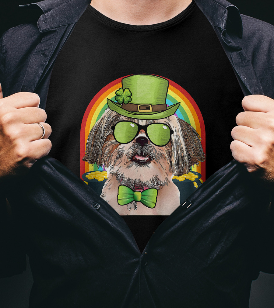 Shih Tzu Dog Leprechaun Rainbow Coins Bow Tie Sunglasses T-Shirt