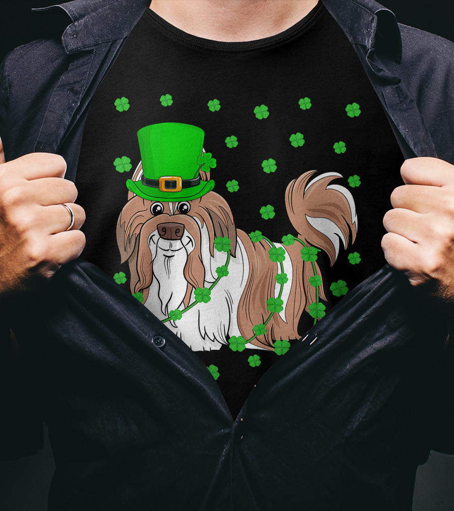 Shih Tzu Dog Lover St. Patrick's Day Leprechaun Hat And Clover T-Shirt