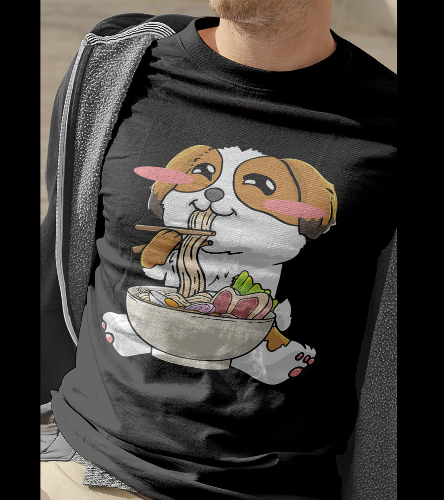 Shih Tzu Dog Enjoying Ramen Noodles With Kawaii Cute Blush Cheeks T-Shirt