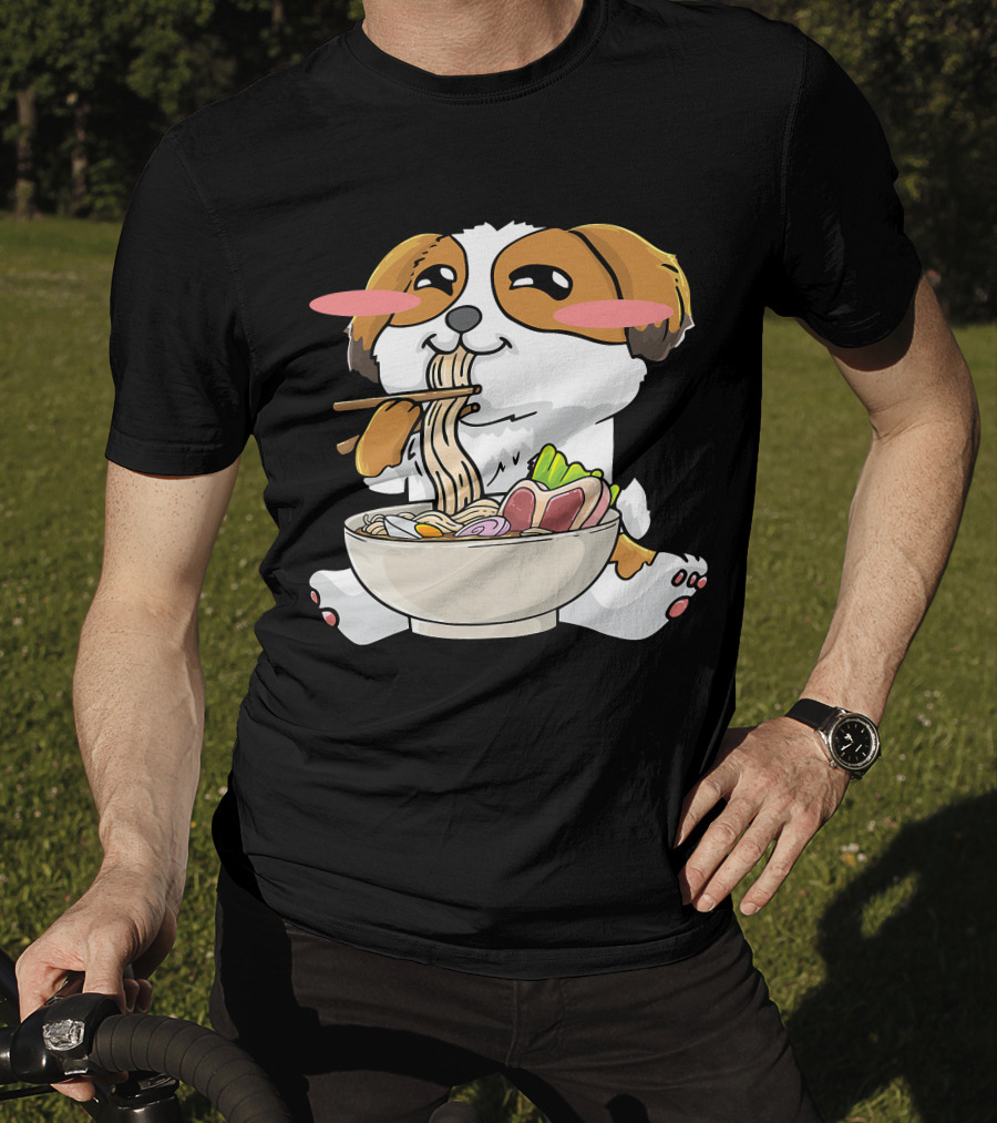 Shih Tzu Dog Enjoying Ramen Noodles With Kawaii Cute Blush Cheeks T-Shirt