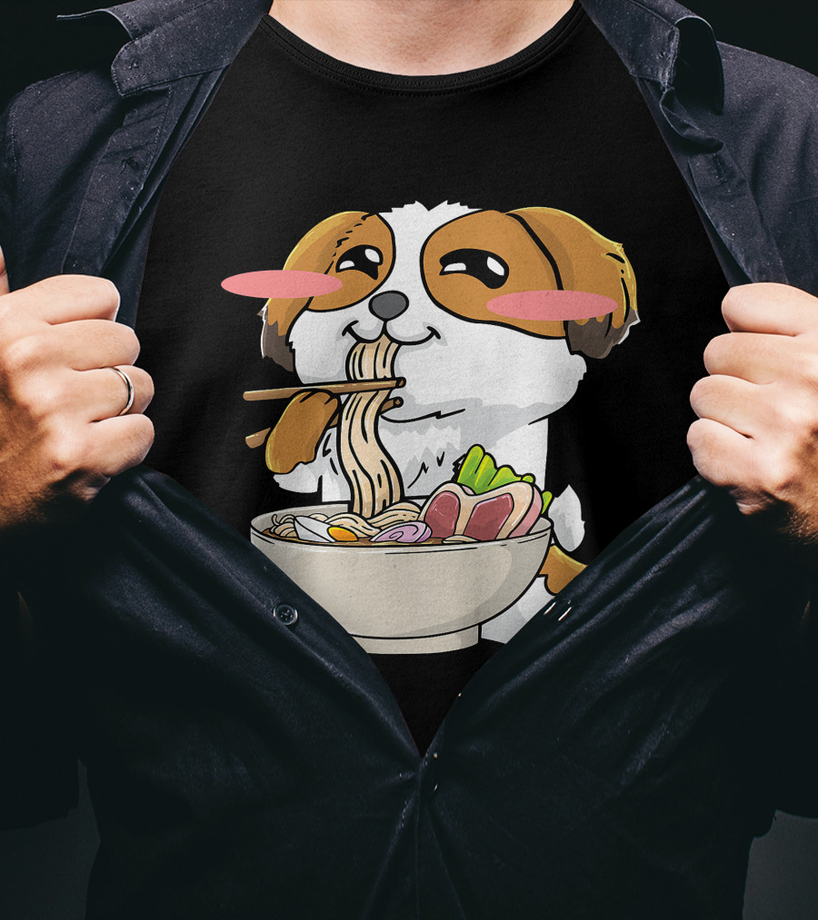 Shih Tzu Dog Enjoying Ramen Noodles With Kawaii Cute Blush Cheeks T-Shirt