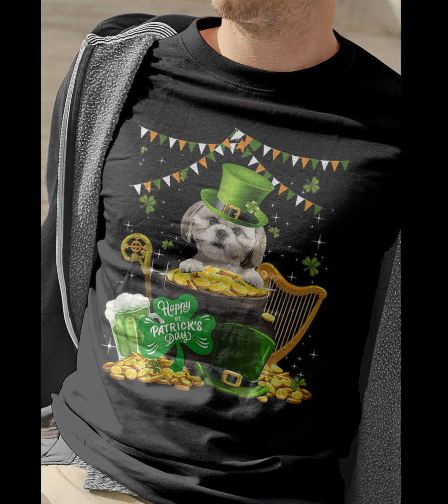 Happy St Patrick's Day Shih Tzu Dogs Lover Funny Irish Shamrock Hat T-Shirt