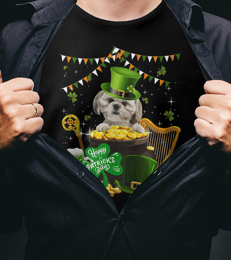 Happy St Patrick's Day Shih Tzu Dogs Lover Funny Irish Shamrock Hat T-Shirt