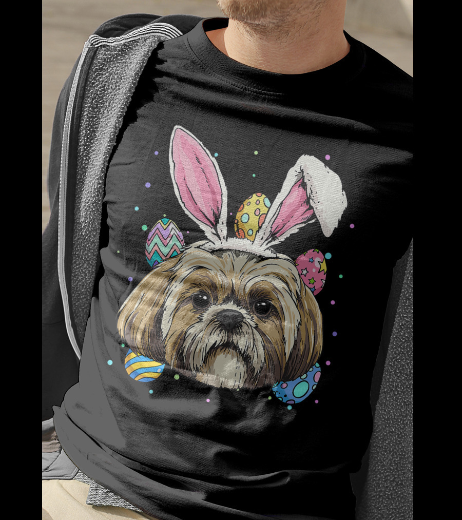 Shih Tzu Easter Bunny Dog Pet Owner Breeder Animal With Colorful Eggs T-Shirt