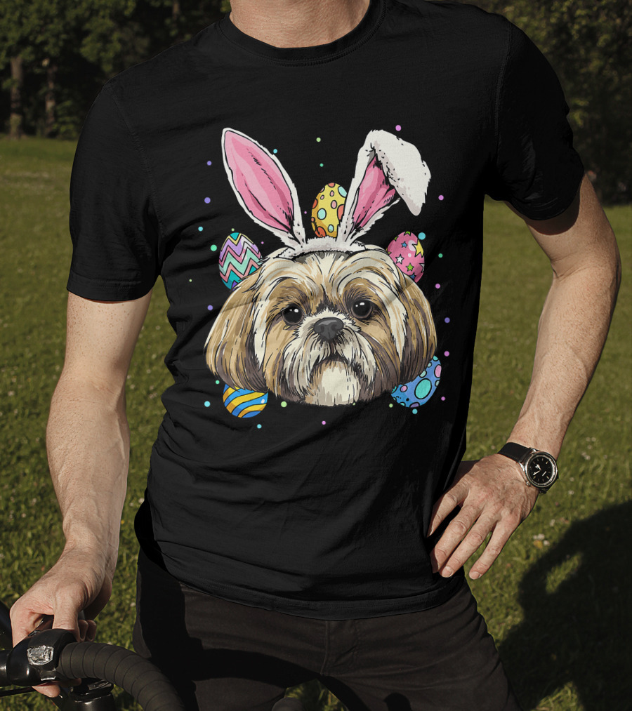 Shih Tzu Easter Bunny Dog Pet Owner Breeder Animal With Colorful Eggs T-Shirt