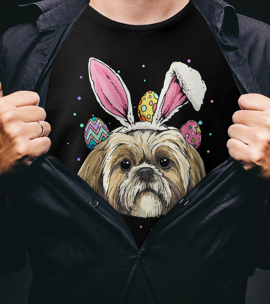 Shih Tzu Easter Bunny Dog Pet Owner Breeder Animal With Colorful Eggs T-Shirt