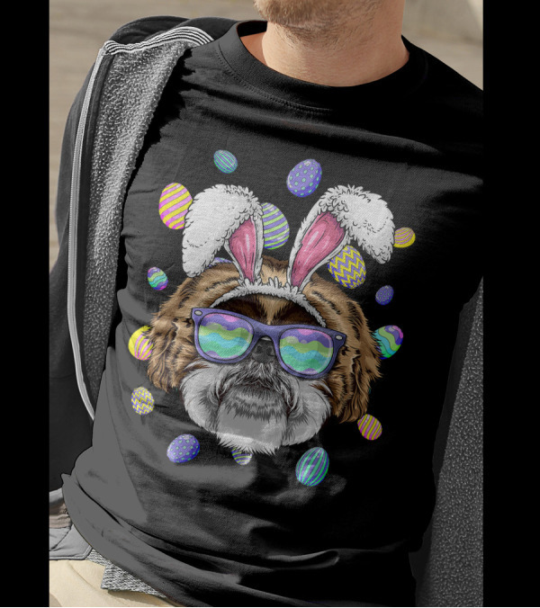 Shih Tzu With Bunny Ears And Sunglasses Surrounded By Colorful Easter Eggs T-Shirt