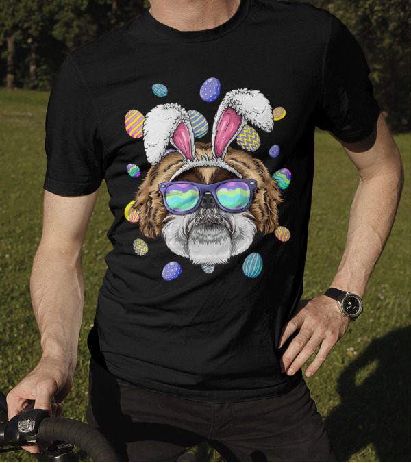 Shih Tzu With Bunny Ears And Sunglasses Surrounded By Colorful Easter Eggs T-Shirt