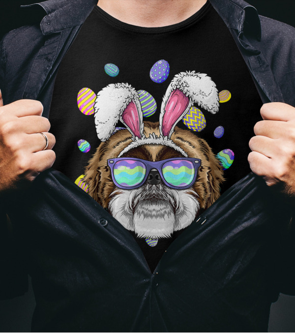 Shih Tzu With Bunny Ears And Sunglasses Surrounded By Colorful Easter Eggs T-Shirt