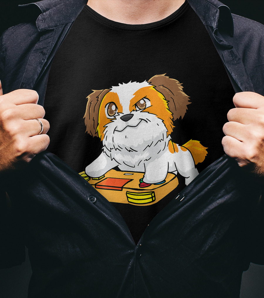 Shih Tzu Kawaii Dog Playing Video Game For Gamers And Dog Lovers T-Shirt