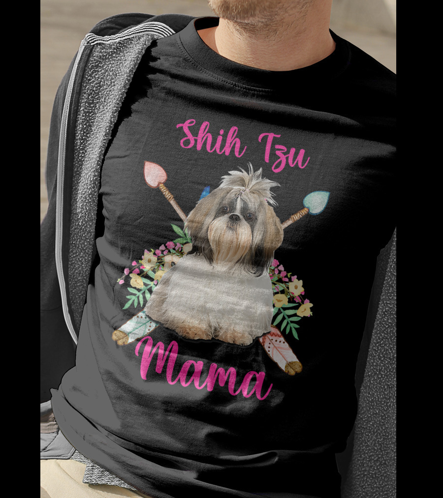 Shih Tzu Mama Cute Mama Dog Lover With Floral And Arrow Accents T-Shirt