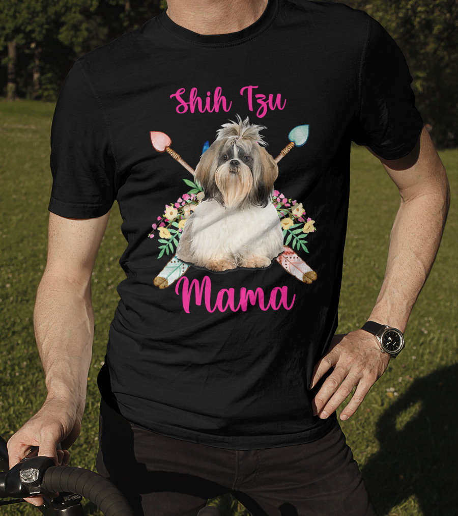 Shih Tzu Mama Cute Mama Dog Lover With Floral And Arrow Accents T-Shirt