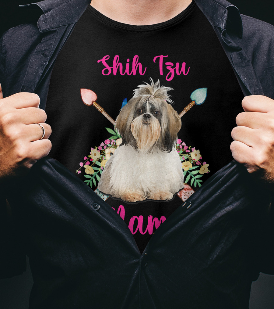 Shih Tzu Mama Cute Mama Dog Lover With Floral And Arrow Accents T-Shirt