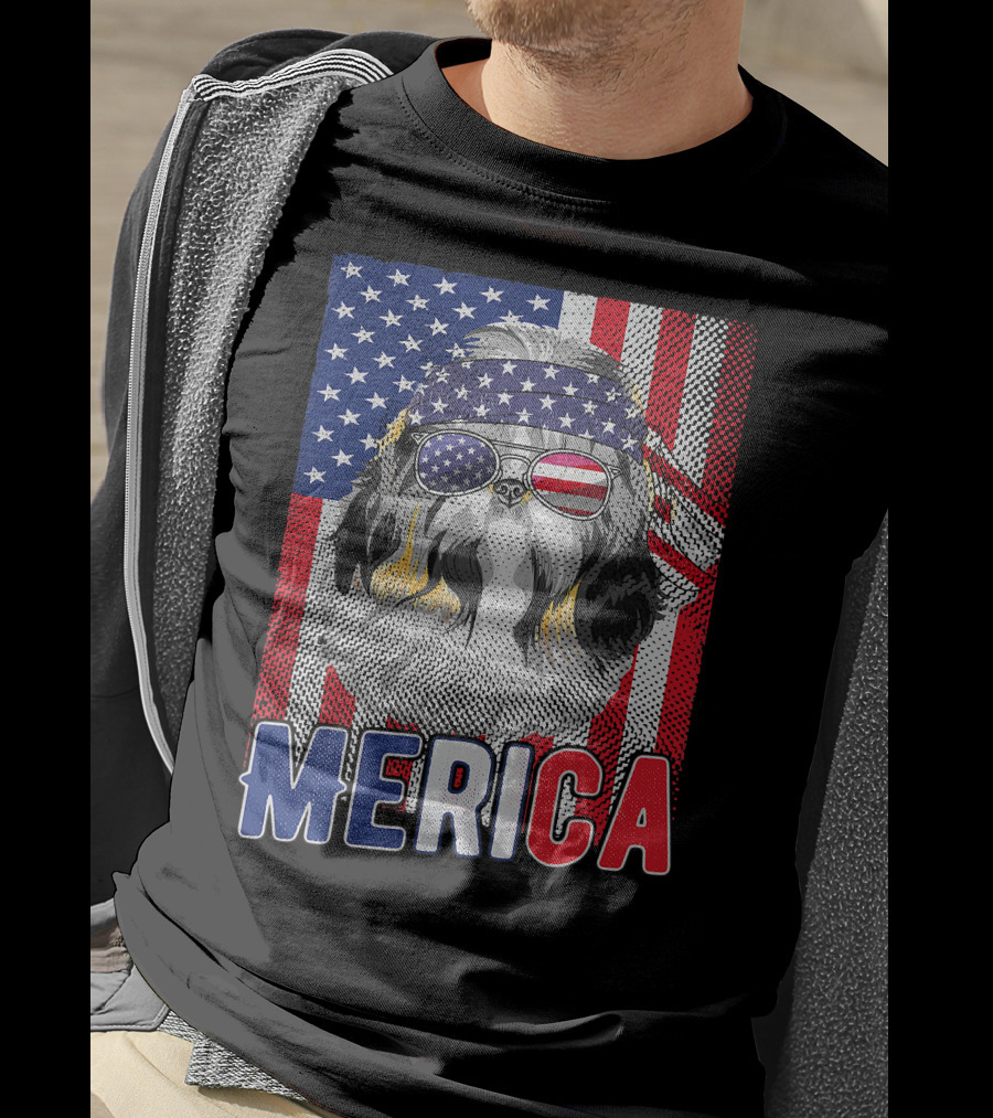 Shih Tzu Merica USA American Flag Patriotic Boys 4 Glasses Headband Stars Stripes T-Shirt