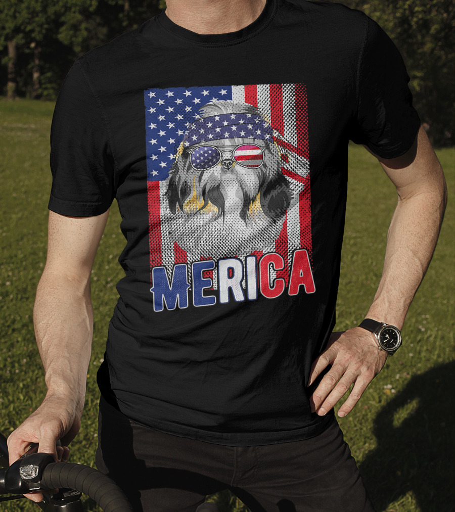 Shih Tzu Merica USA American Flag Patriotic Boys 4 Glasses Headband Stars Stripes T-Shirt