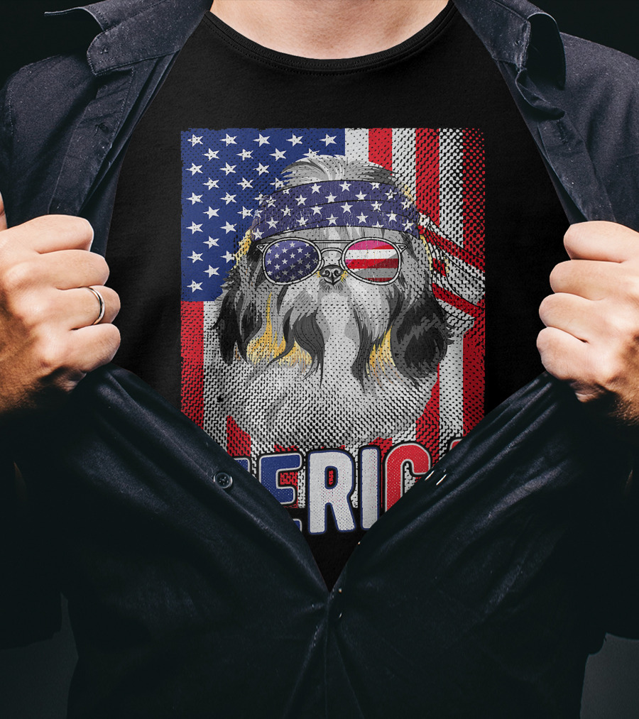 Shih Tzu Merica USA American Flag Patriotic Boys 4 Glasses Headband Stars Stripes T-Shirt