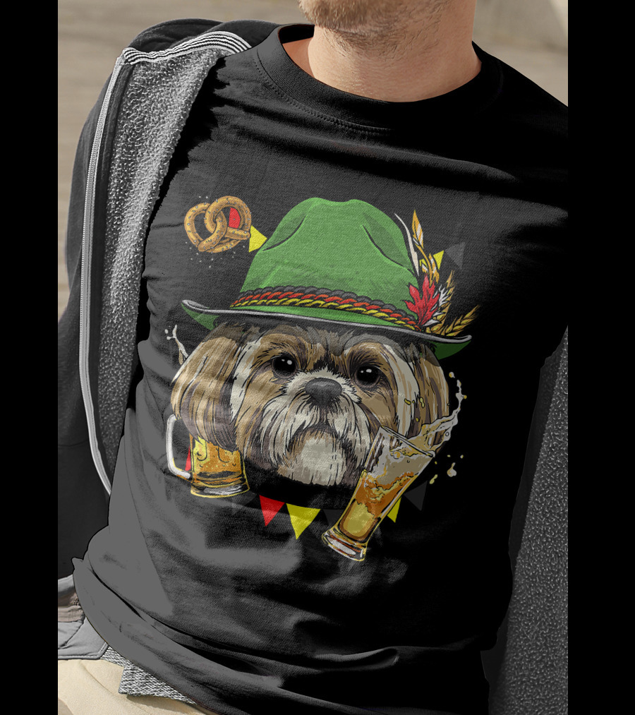Shih Tzu Oktoberfest Dog With Lederhosen Hat And Beer German Pretzel T-Shirt