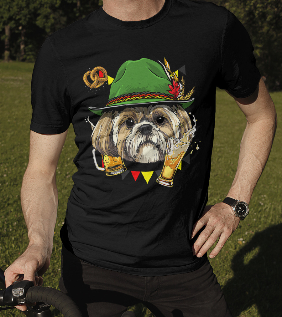 Shih Tzu Oktoberfest Dog With Lederhosen Hat And Beer German Pretzel T-Shirt