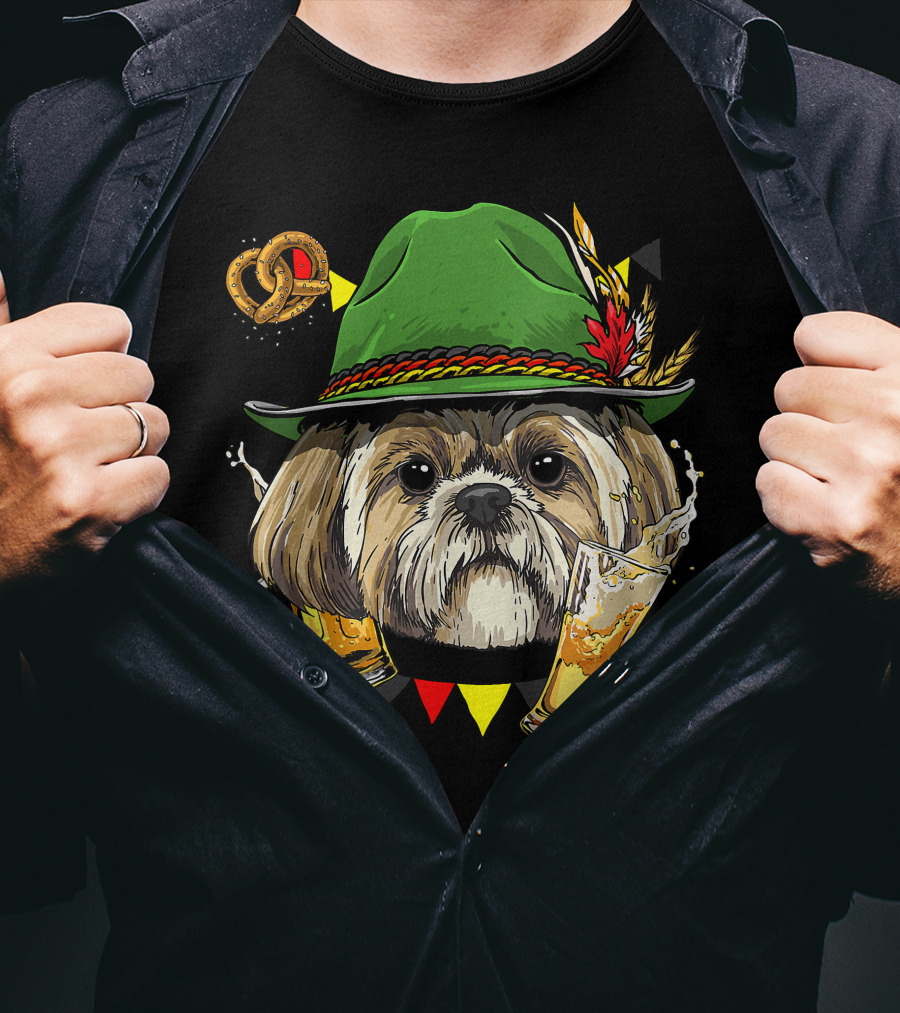 Shih Tzu Oktoberfest Dog With Lederhosen Hat And Beer German Pretzel T-Shirt