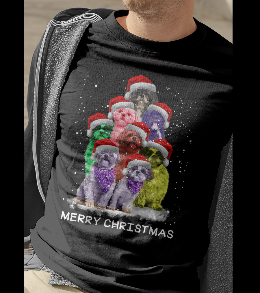 Merry Christmas Shih Tzu Ornament Decoration Santa Hat Xmas Tree Dog T-Shirt