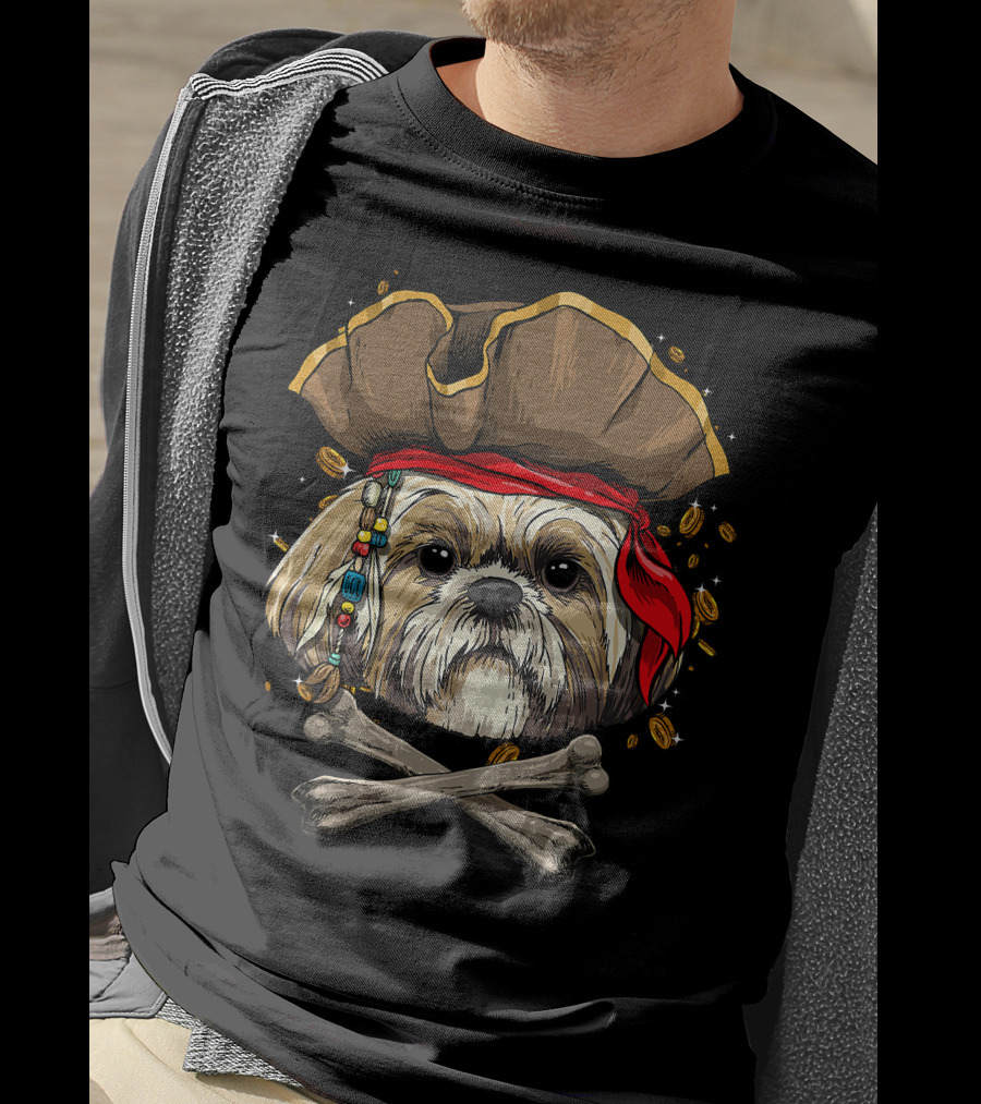 Shih Tzu Pirate Dog Jolly Roger Halloween With Skull And Crossbones T-Shirt